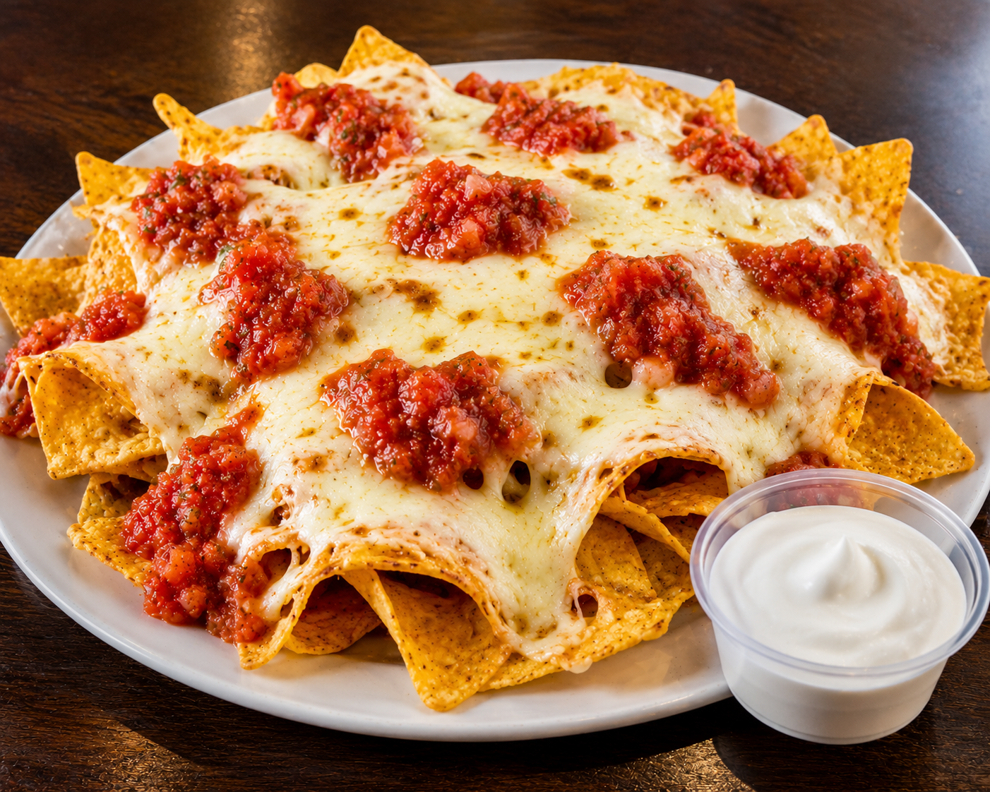 Nachos with mozzarella, salsa and sour cream