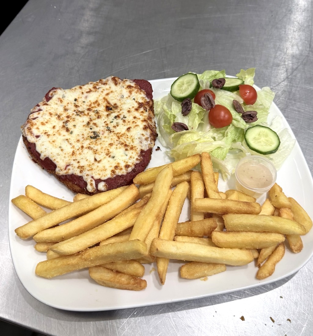 Original Chicken Parma with chips and salad
