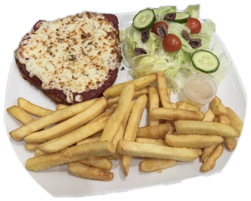 Original Chicken Parma with chips and salad